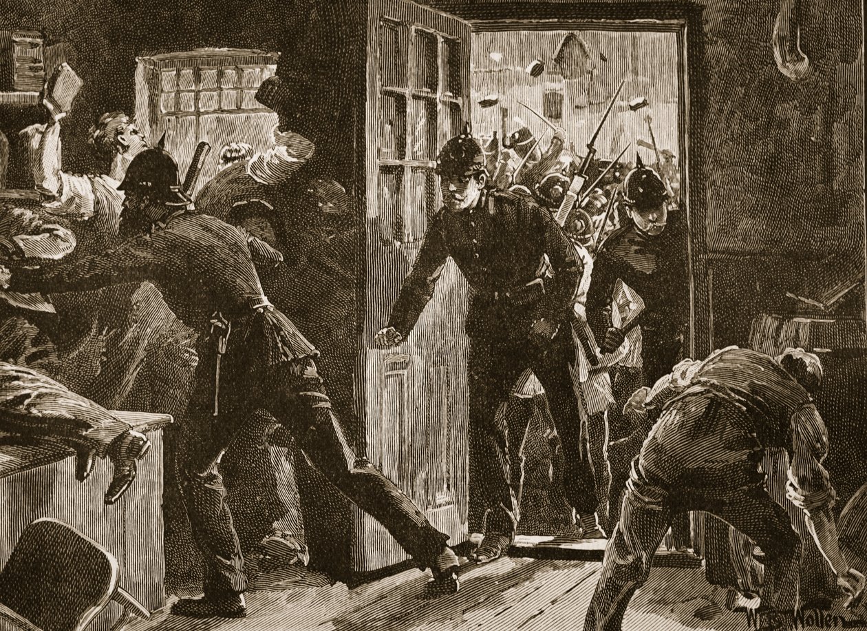 Luta em Ennis entre National Leaguers e Police, 1886, ilustração de &39;História Ilustrada de Cassell da Inglaterra&39; (foto sépia) de William Barnes Wollen