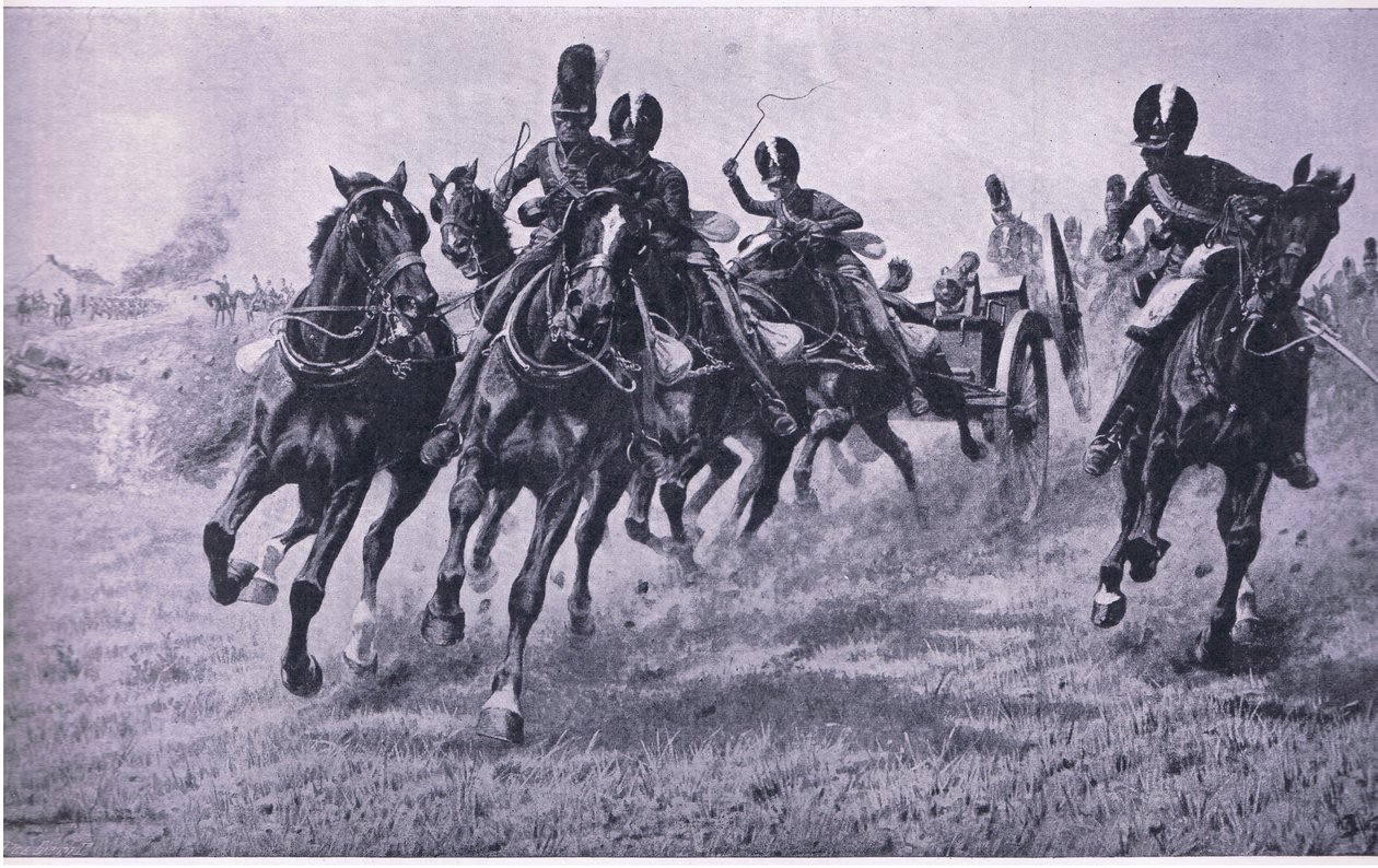 Armas para a frente: Waterloo 18 de junho de 1815, ilustração das Batalhas Britânicas na Terra e no Mar, 1915 de William Barnes Wollen