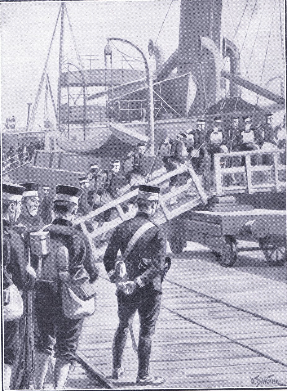 Tropas japonesas embarcando em Kobe, ilustração deCassells História da Guerra Russo-Japonesa Vol 1, c.1900 de William Barnes Wollen