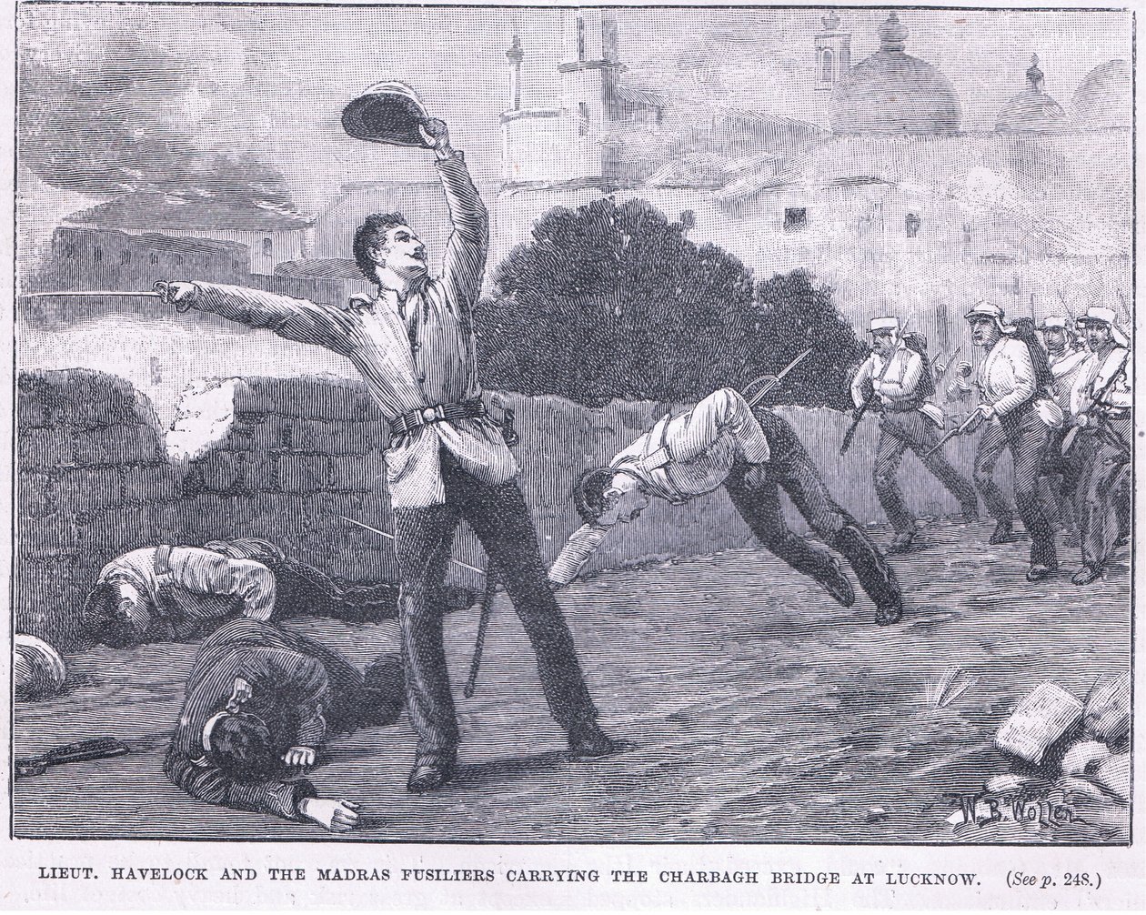 Tenente Havelock e os fusileiros de Madras carregando a ponte de Charbagh em Lucknow 1857 AD de William Barnes Wollen