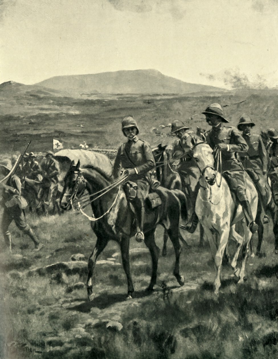 Lord Roberts e equipe de funcionários no Veldt que aproxima Pretoria, 1901. de William Barnes Wollen