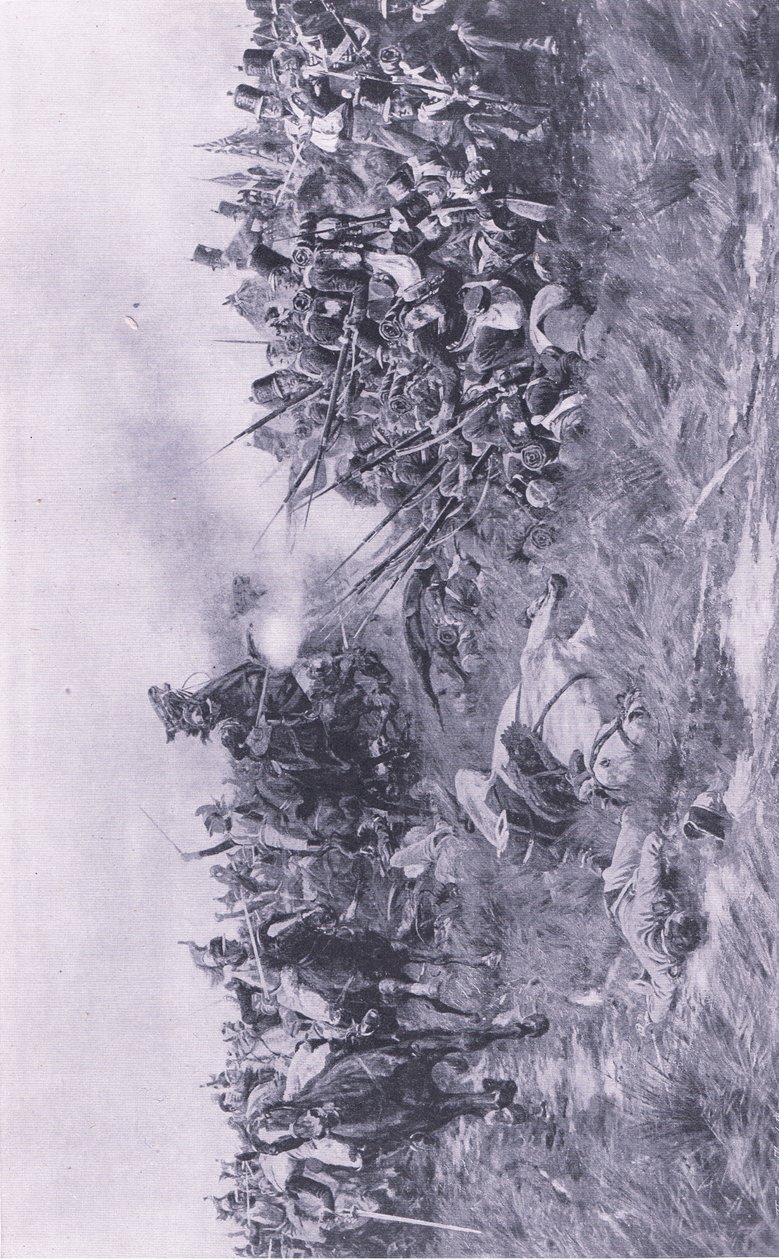 O 28º Regimento de Gloucester recebe a cavalaria francesa em Waterloo 18 de junho de 1815, ilustração das Batalhas Britânicas na Terra e no Mar, 1915 de William Barnes Wollen