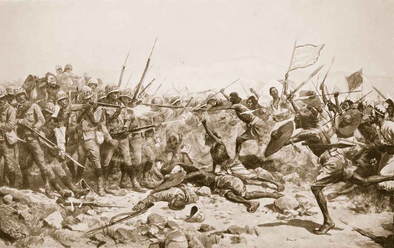 A Batalha de Abu Klea, 17 de janeiro de 1885, ilustração de "Hutchinsons História das Nações", c.1910 de William Barnes Wollen