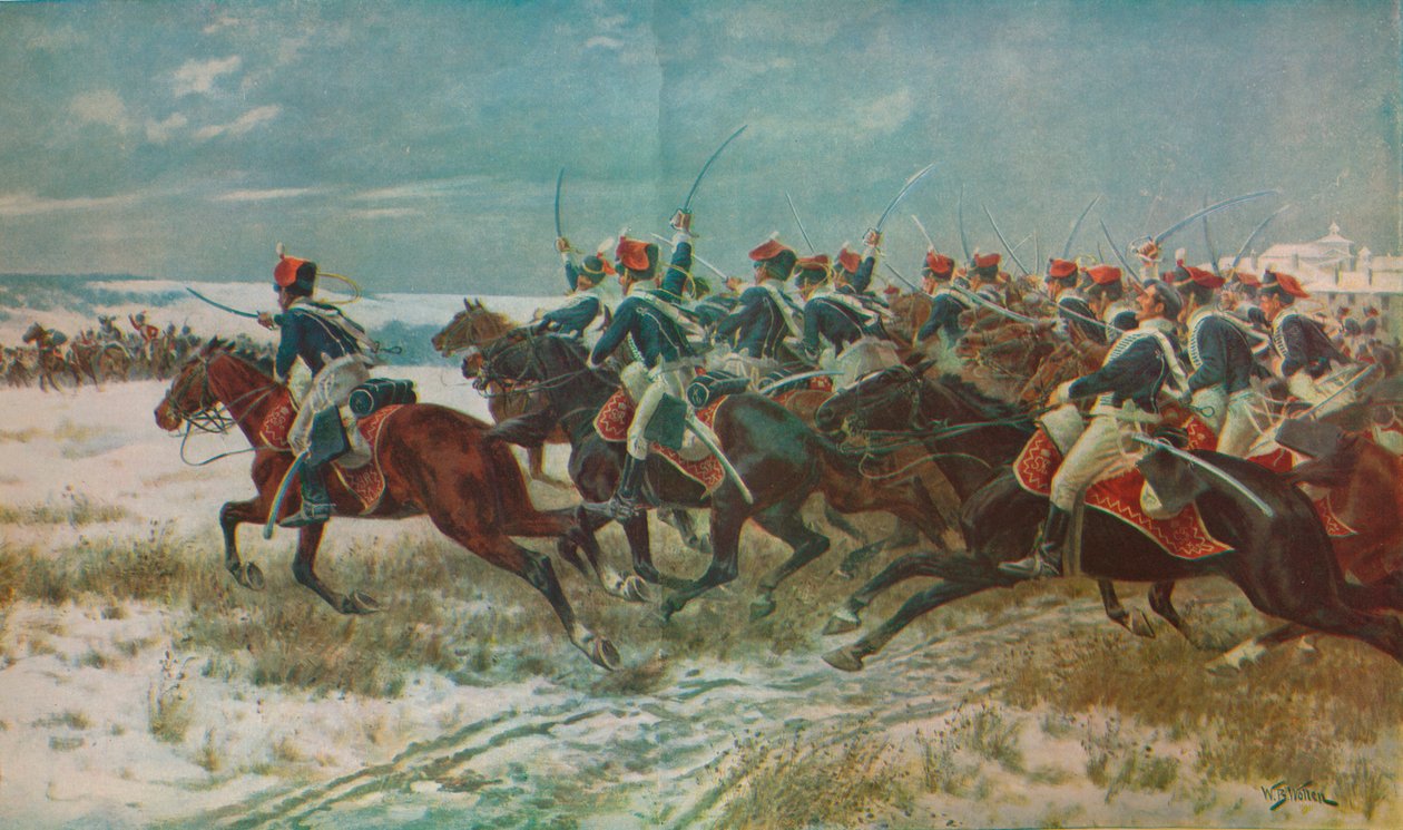 A Carga dos 10º Hussardos na Campanha Benevente Corunha, 1809, c1915 1928 de William Barnes Wollen