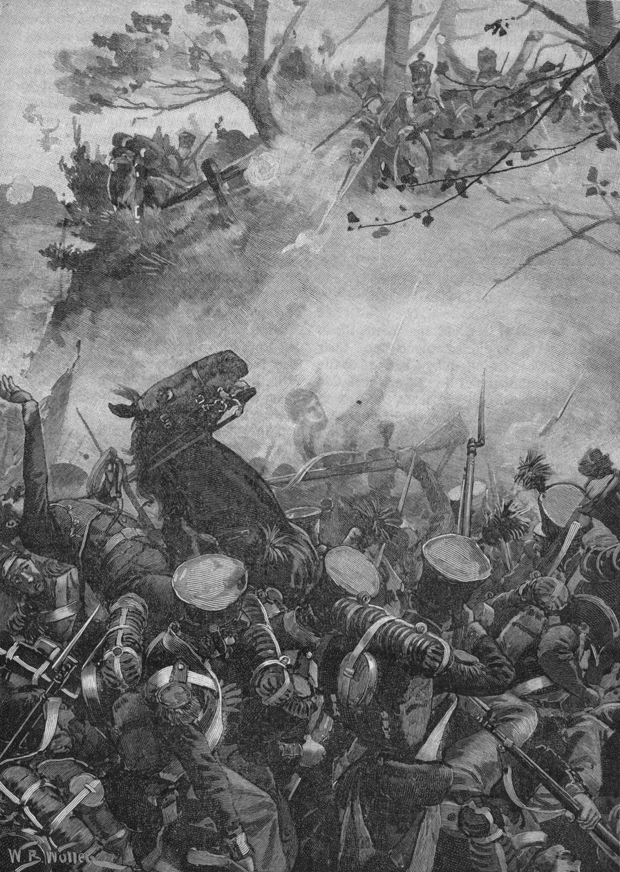 Os franceses avançaram com gritos triunfantes e dispararam para a estrada oca, 1902 de William Barnes Wollen