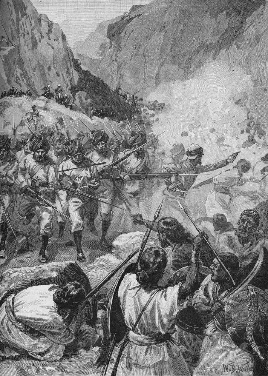 Os Punjaubees, depois de disparar uma saraivada, correram para baixo e os carregaram com a baioneta, c1897, 1902 de William Barnes Wollen