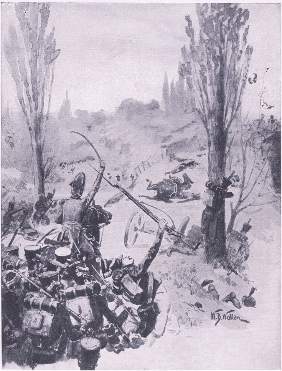 O avanço das tropas francesas em Ligny, 16 de junho de 1815, ilustração das batalhas britânicas em terra e mar, 1915 de William Barnes Wollen