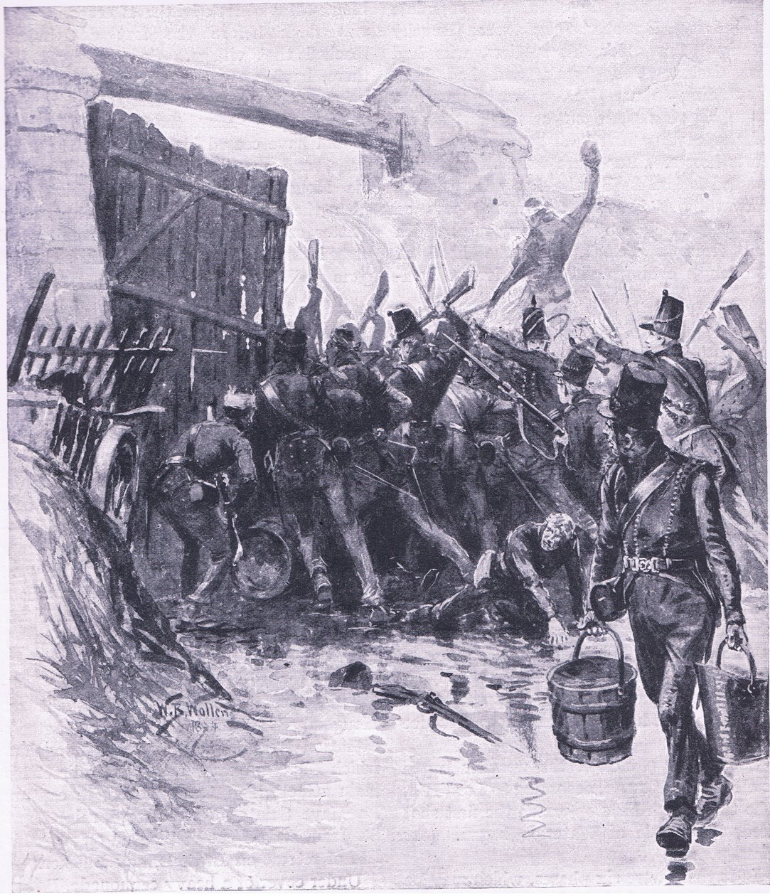 O ataque a La Haye Sainte, ilustração das Batalhas Britânicas na Terra e no Mar, 1915 de William Barnes Wollen