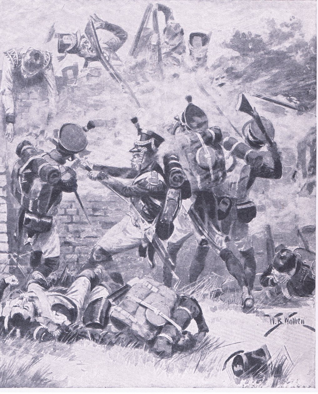 O ataque à parede em Hougomont: Waterloo 1815, ilustração das Batalhas Britânicas na Terra e no Mar, 1915 de William Barnes Wollen