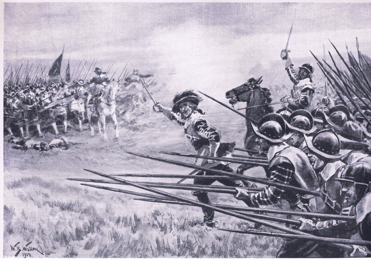A acusação da infantaria realista em Naseby, em junho de 1645, ilustração das batalhas britânicas em terra e mar, 1915 de William Barnes Wollen