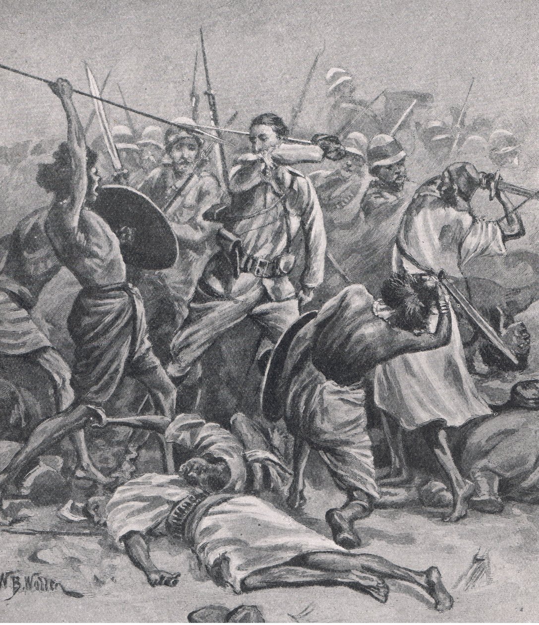 A praça em Abu-Klea, 17 de janeiro de 1885, ilustração da British Battles on Land and Sea, 1915 de William Barnes Wollen