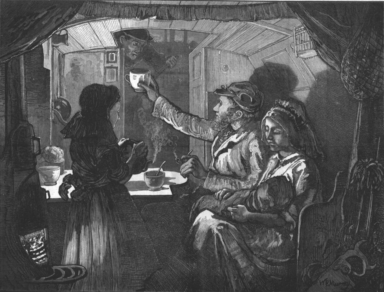 Vida no Canal - Hora do chá em um barco-macaco, 1874 de William Bazett Murray