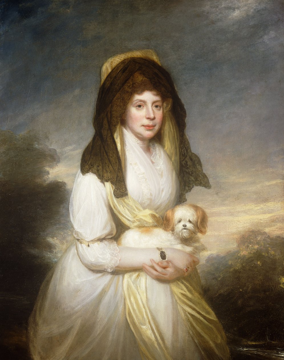 Retrato da rainha Charlotte, de três quartos, em um vestido branco, um xale amarelo e mantilha preta, segurando um cão maltês, nos jardins da Frogmore House, de William Beechey