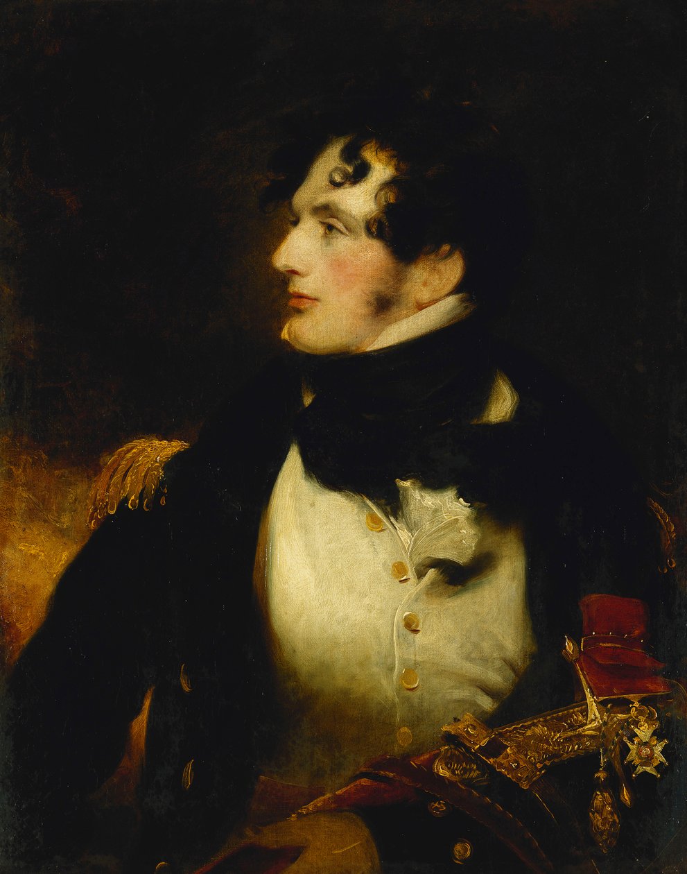 Retrato de um oficial da Marinha, metade do comprimento, de uniforme, carregando uma espada de apresentação e usando o distintivo de um CB, de William Beechey