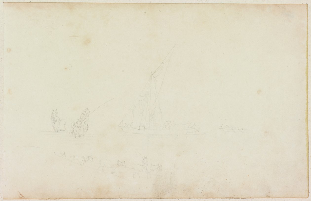 Esboço de barco a remo e cavaleiro com linha de cavalos (lápis sobre papel (em papel com M746)) de William Beilby