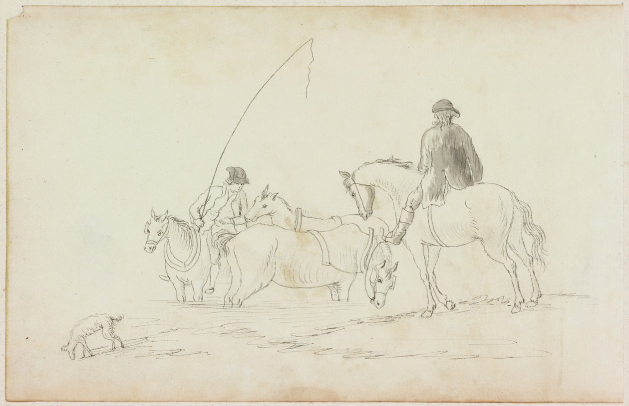 Dois homens a cavalo com dois cavalos e cachorro (lápis e aquarela (lavar) em papel (em papel com M751)) de William Beilby