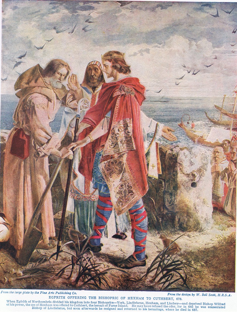 Egfrith oferece o bispado de Hexham a Cuthbert, 678, ilustração da "História da nação britânica" de Hutchinson, c.1920 de William Bell Scott