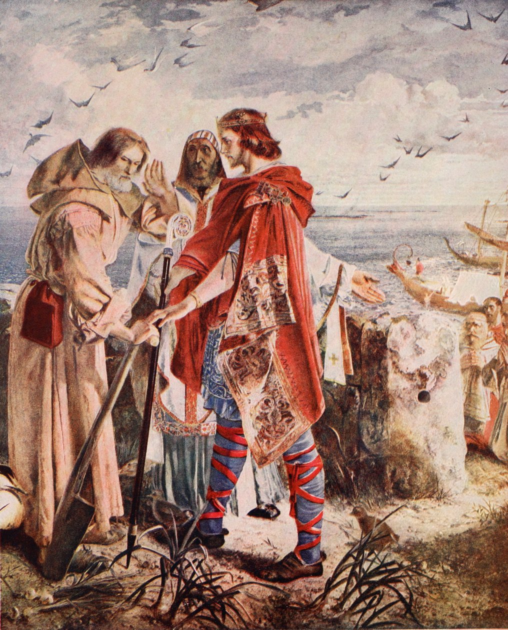 Egfrith oferece o bispado de Hexham a Cuthbert, 678, ilustração da "História da nação britânica" de Hutchinson, c.1920 de William Bell Scott