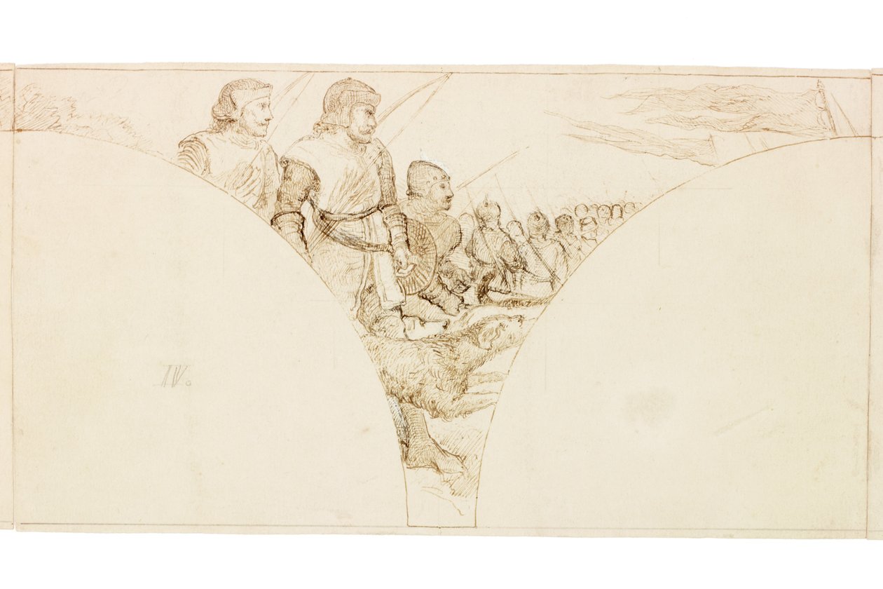 Esboço para Mural em Wallington Hall (tinta e lápis sobre papel (colado no cartão)) de William Bell Scott