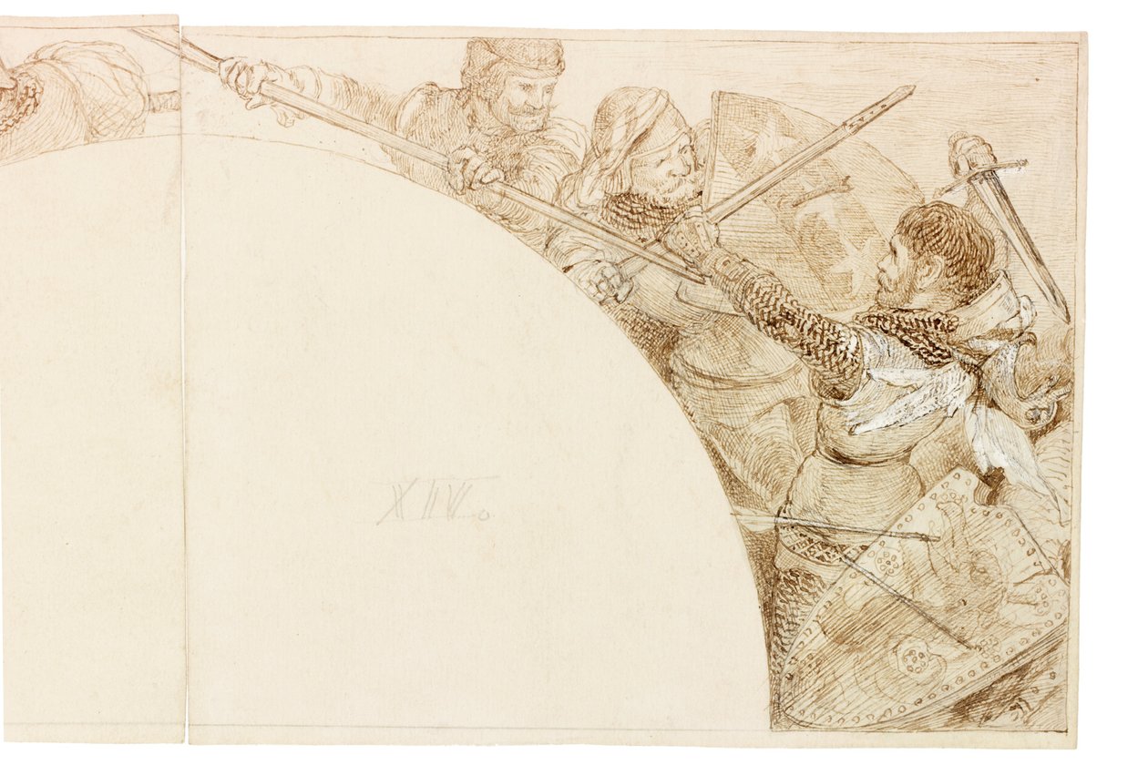 Esboço para Mural em Wallington Hall (tinta e lápis sobre papel (colado no cartão)) de William Bell Scott