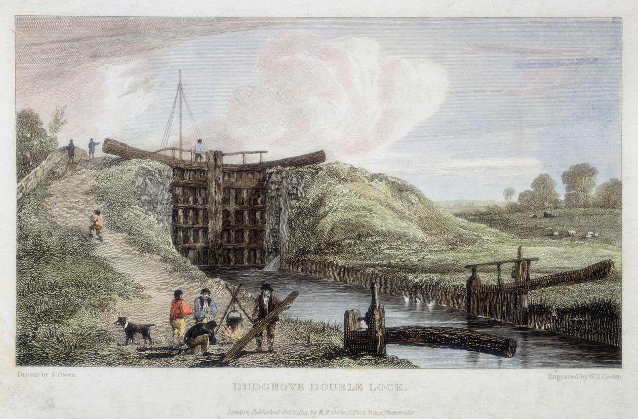 Fechadura dupla de Dudgrove acima de Lechlade, Thames e Severn Canal, 1814 de William Bernard Cooke