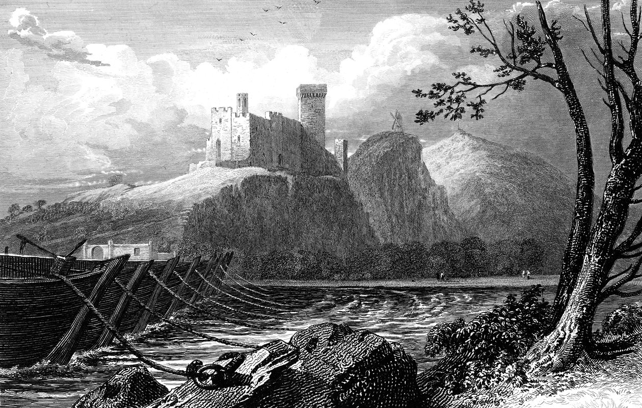 O castelo de Beaucaire e uma ponte de barcos sobre o Ródano, França, 1824. de William Bernard Cooke