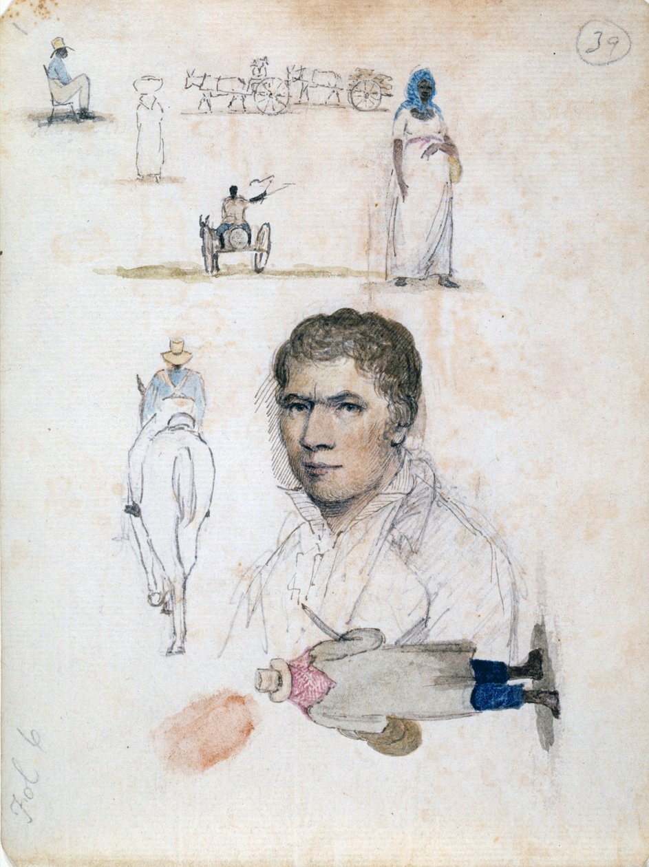 Oito pequenos desenhos, incluindo retratos, estudos de figuras, carrinhos, do artista William Berryman. de William Berryman