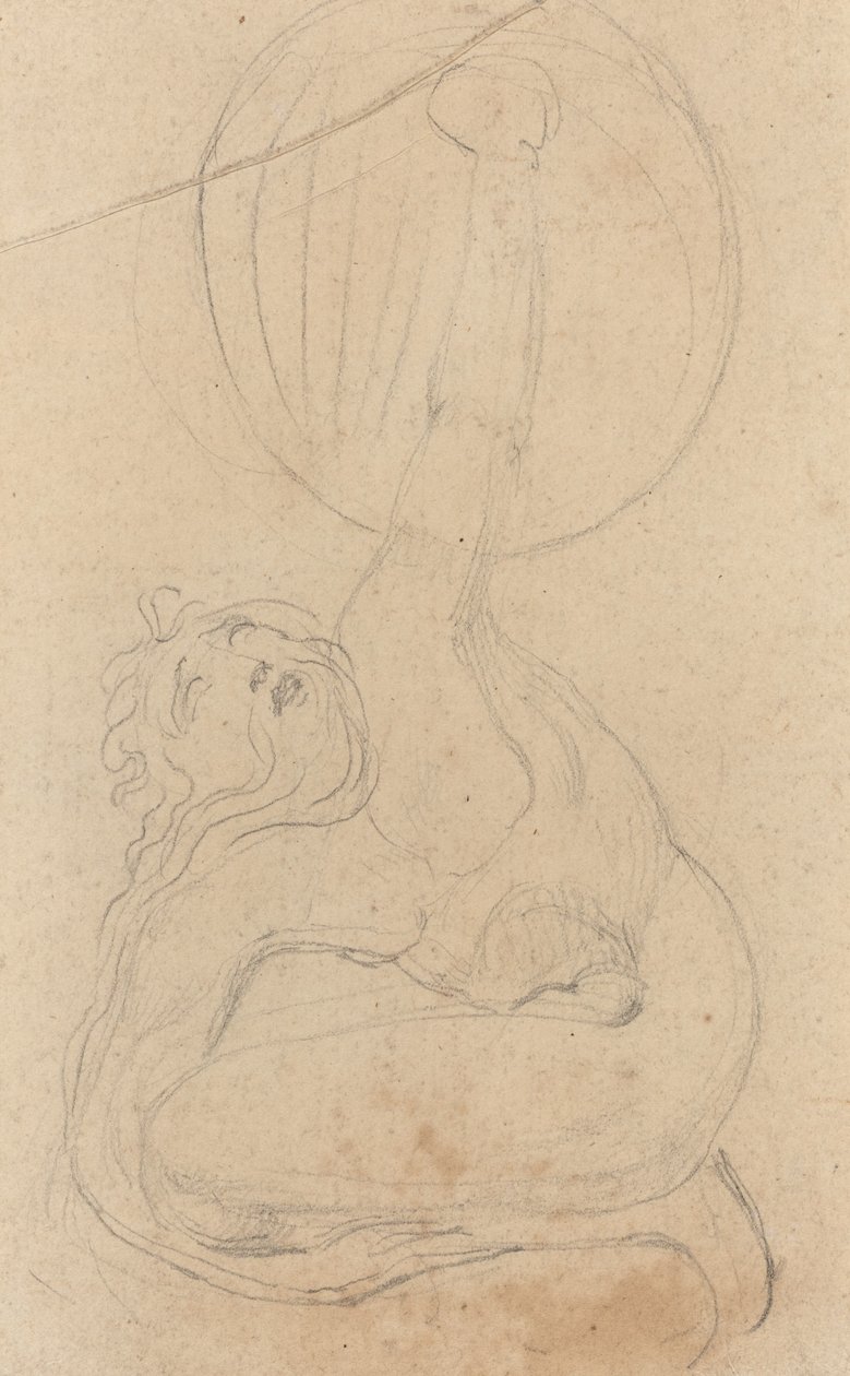 Uma figura agachada segurando um escudo [verso] de William Blake