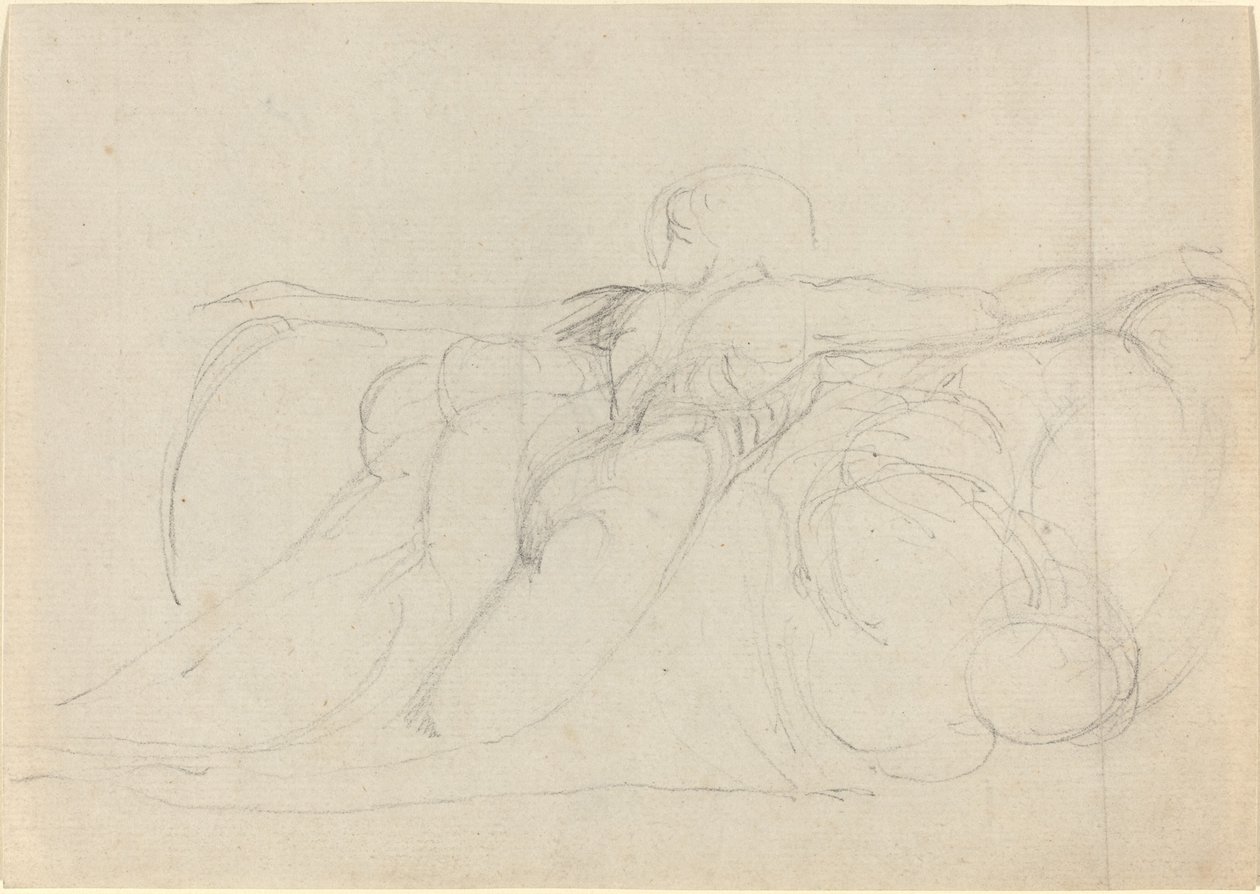 Um homem visto por trás, subindo nas nuvens de William Blake