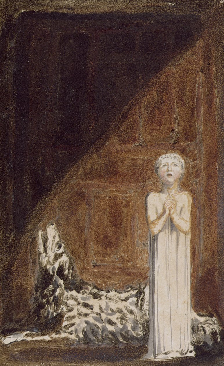"Um menino em um vestido longo, de pé com as mãos cruzadas ao lado de um cão", placa 25 de "O Primeiro Livro de Urizen", 1794 (relevo impresso a cores com tinta e wc no papel) de William Blake