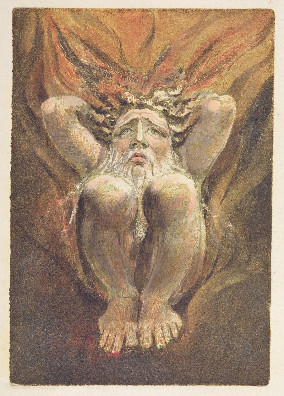 &39;Um homem nu agachado em chamas, com as mãos atrás da cabeça&39;, ilustração 21 de &39;O primeiro livro de Urizen&39; de William Blake