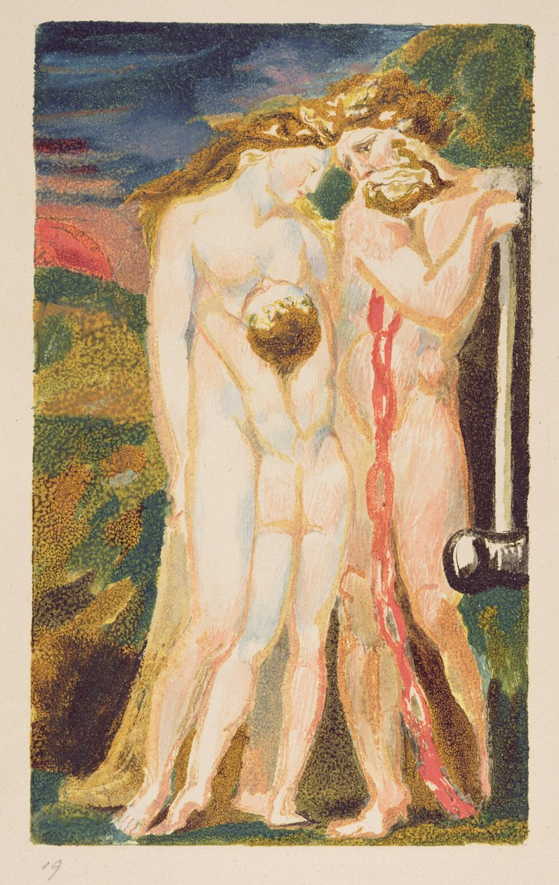 Uma mulher nua olhando para um menino meio adulto, ilustração 18 do &39;O Primeiro Livro de Urizen&39; de William Blake