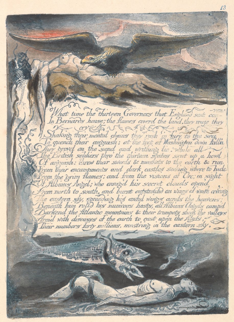 América. Uma profecia, ilustração 15, A que horas os treze governadores .... de William Blake