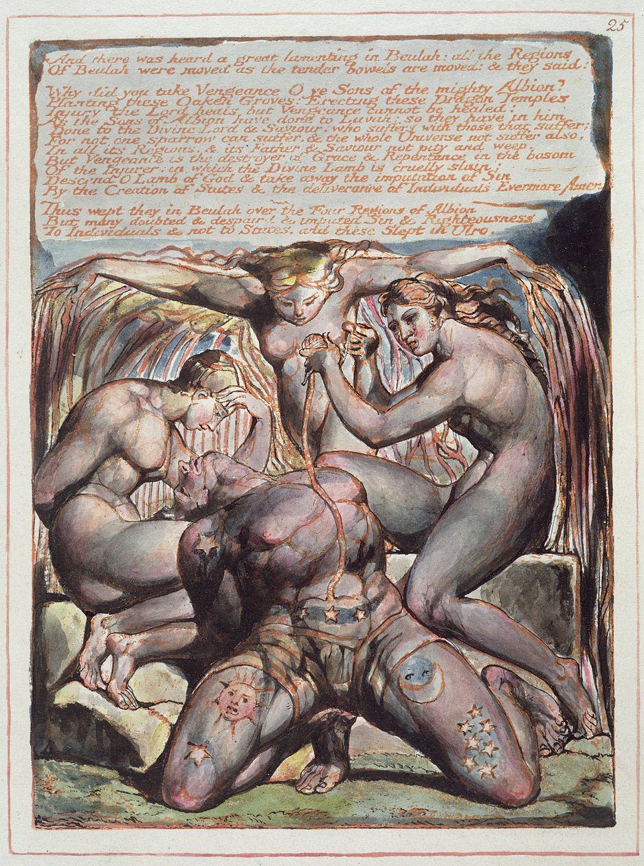 &39;And There Hear Heard ...&39;, prato 25 de &39;Jerusalem&39;, 1804-20 (gravura em relevo impressa em laranja com caneta e wc no papel) de William Blake