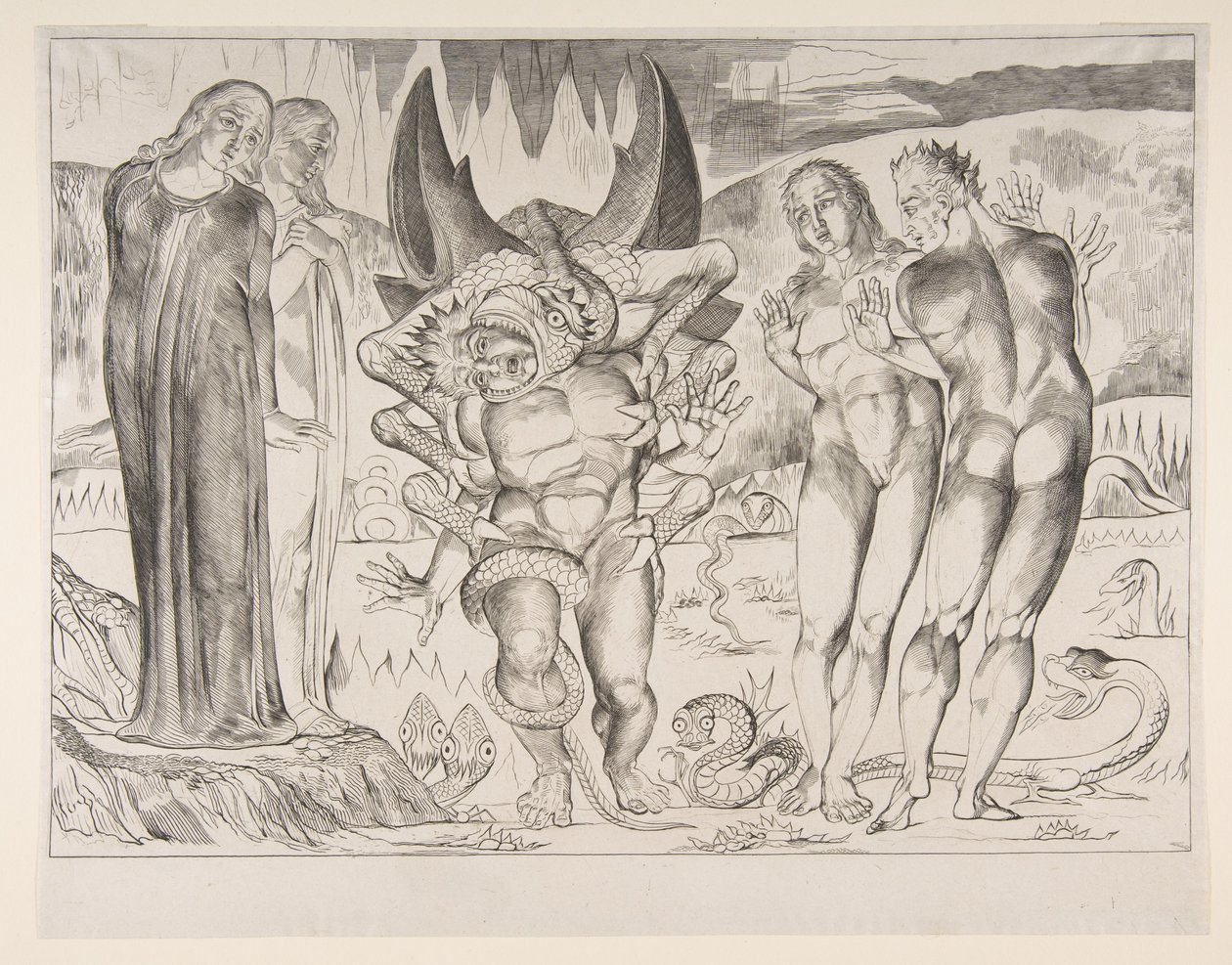 Círculo de Teens: Agnello Brunelleschi atacado por uma serpente de seis pés, de Dan ..., ca. 1825-27. de William Blake
