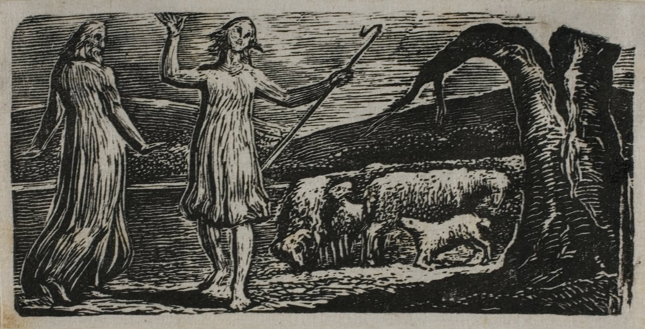 Colinet parte em tristeza: Riven Trunk à direita, de As Pastorais de Virgílio de William Blake