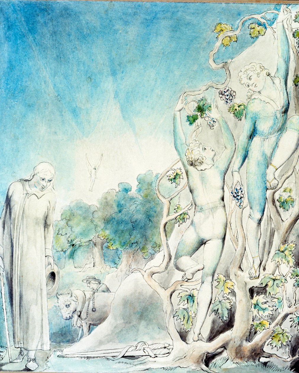 Comus conhece um dos irmãos ocupados colhendo frutas para alimentar Lady. Século XIX (aquarela) de William Blake