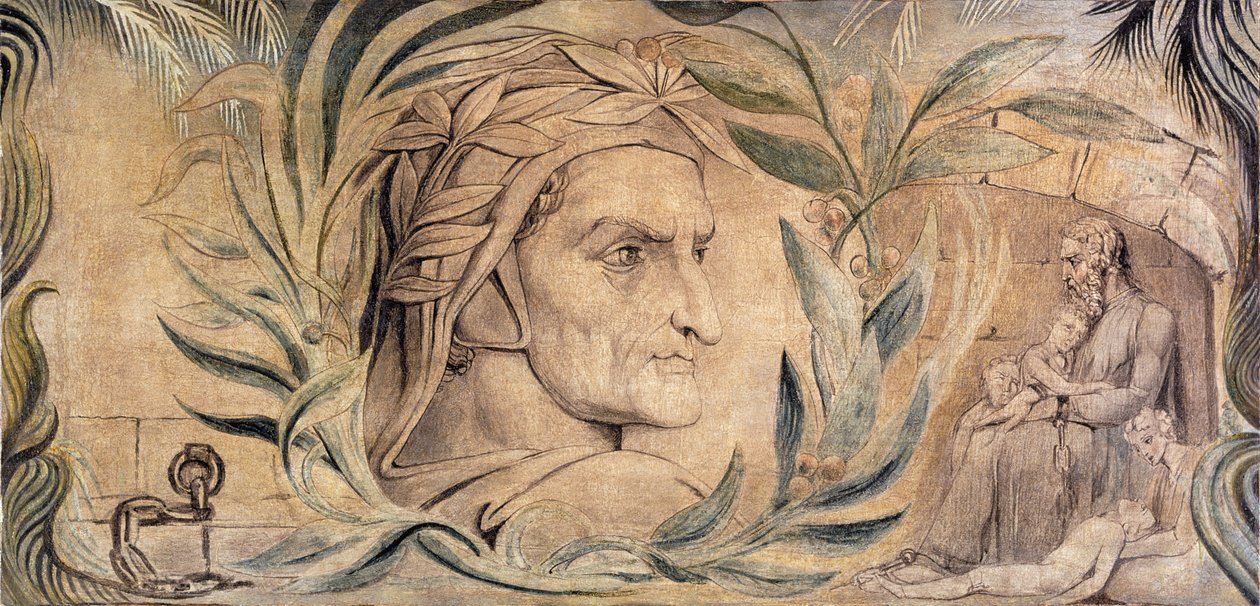 Dante Alighieri, c.1800-03 (pena e tinta com têmpera sobre tela) de William Blake
