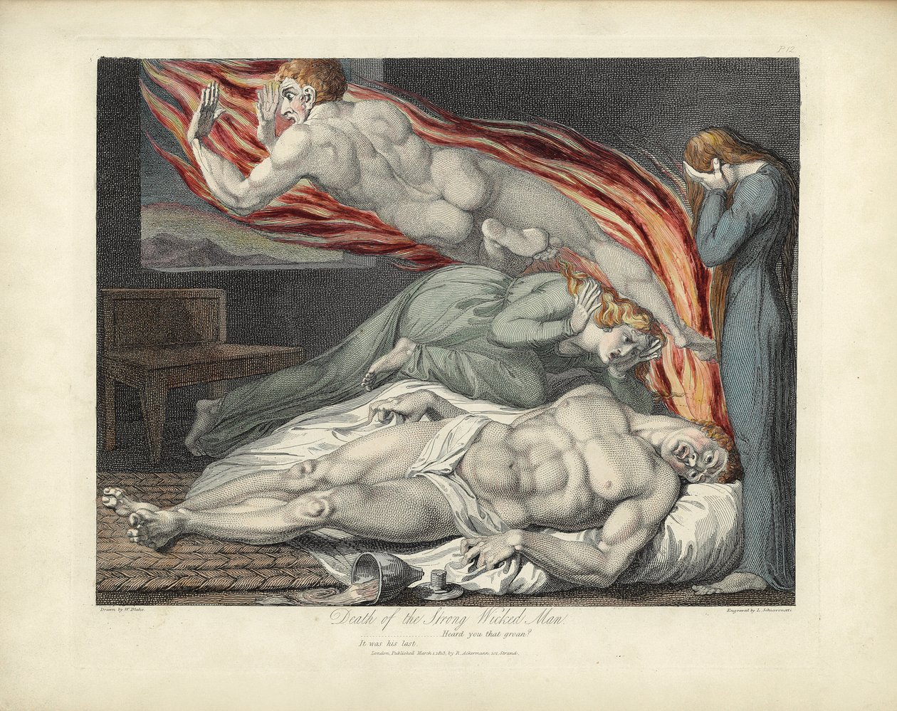 Morte do homem mau e forte, ilustração de "The Grave", de Robert Blair, gravada por Louis Schiavonetti de William Blake