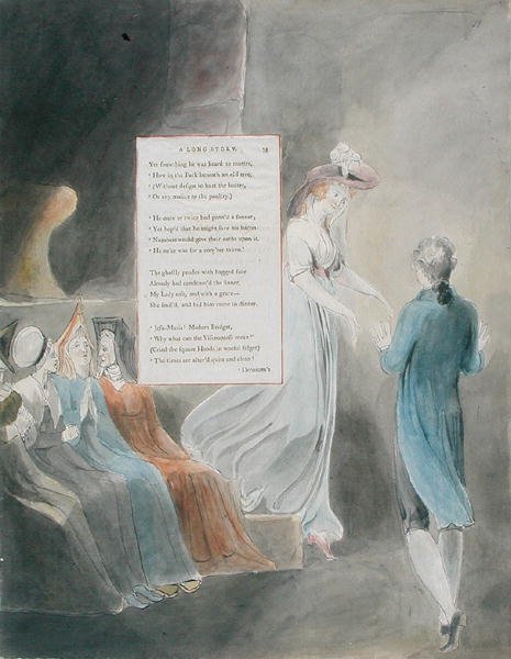 Design 33 para &39;A Long Story&39; em &39;The Poems of Thomas Gray&39;, publicado em 1797-98 (aquarela com caneta e tinta sobre papel) de William Blake