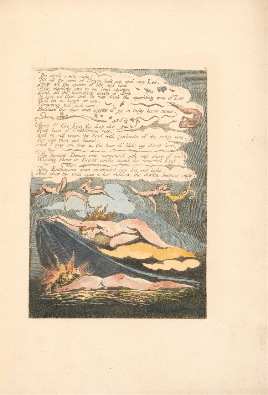Europa. Uma profecia, ilustração 6, Os ventos estridentes acordam. . . . (Bentley 7) de William Blake