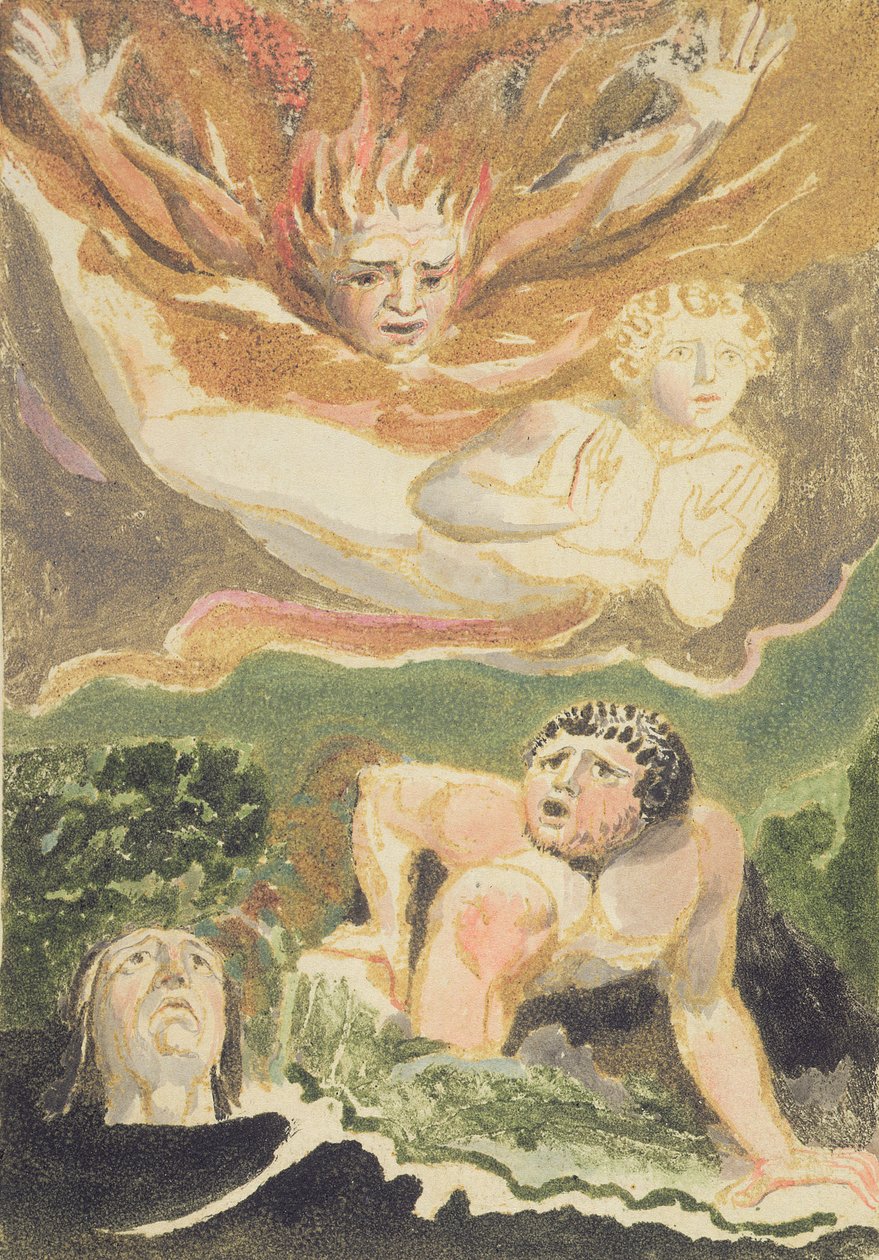 Quatro homens nus emergindo de seus elementos, prato 4 de &39;O Primeiro Livro de Urizen&39;, 1794 (gravura em relevo colorido com tinta e wc) de William Blake