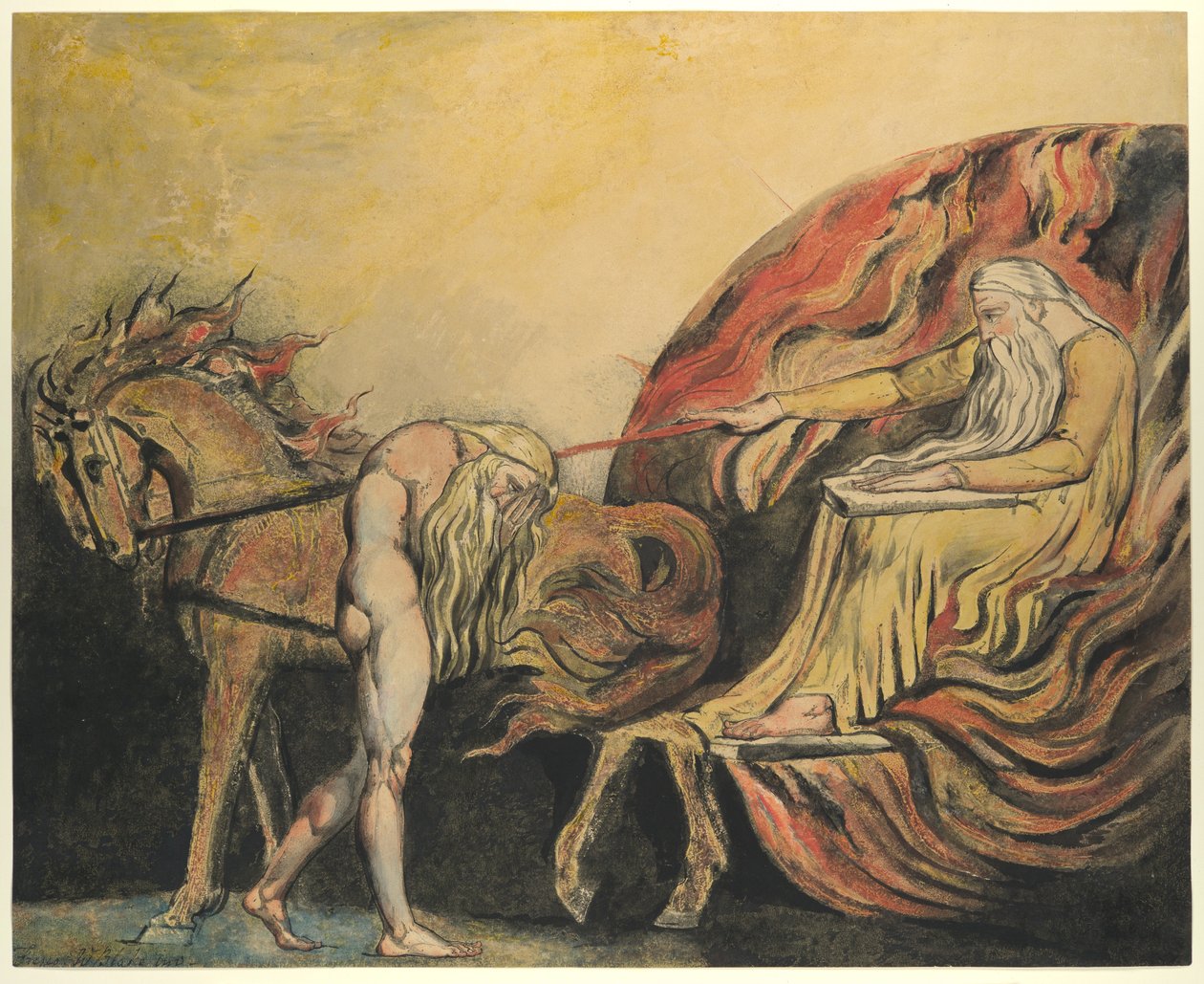 Deus Julgando Adão, c.1795 (gravura colorida com caneta, tinta e aquarela) de William Blake