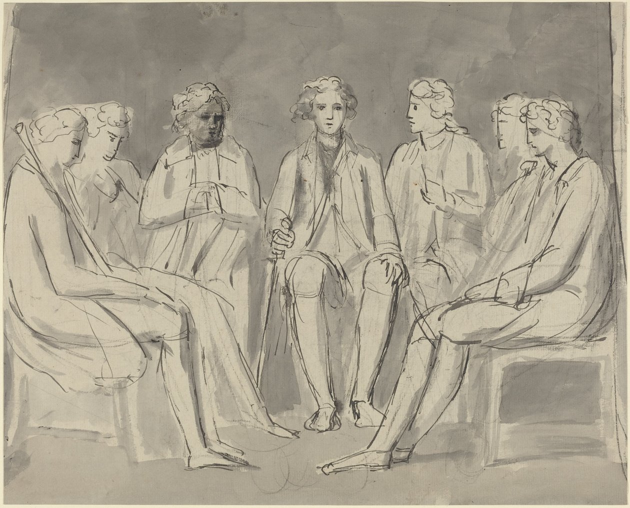 Grupo de homens sentados em círculo [recto] de William Blake