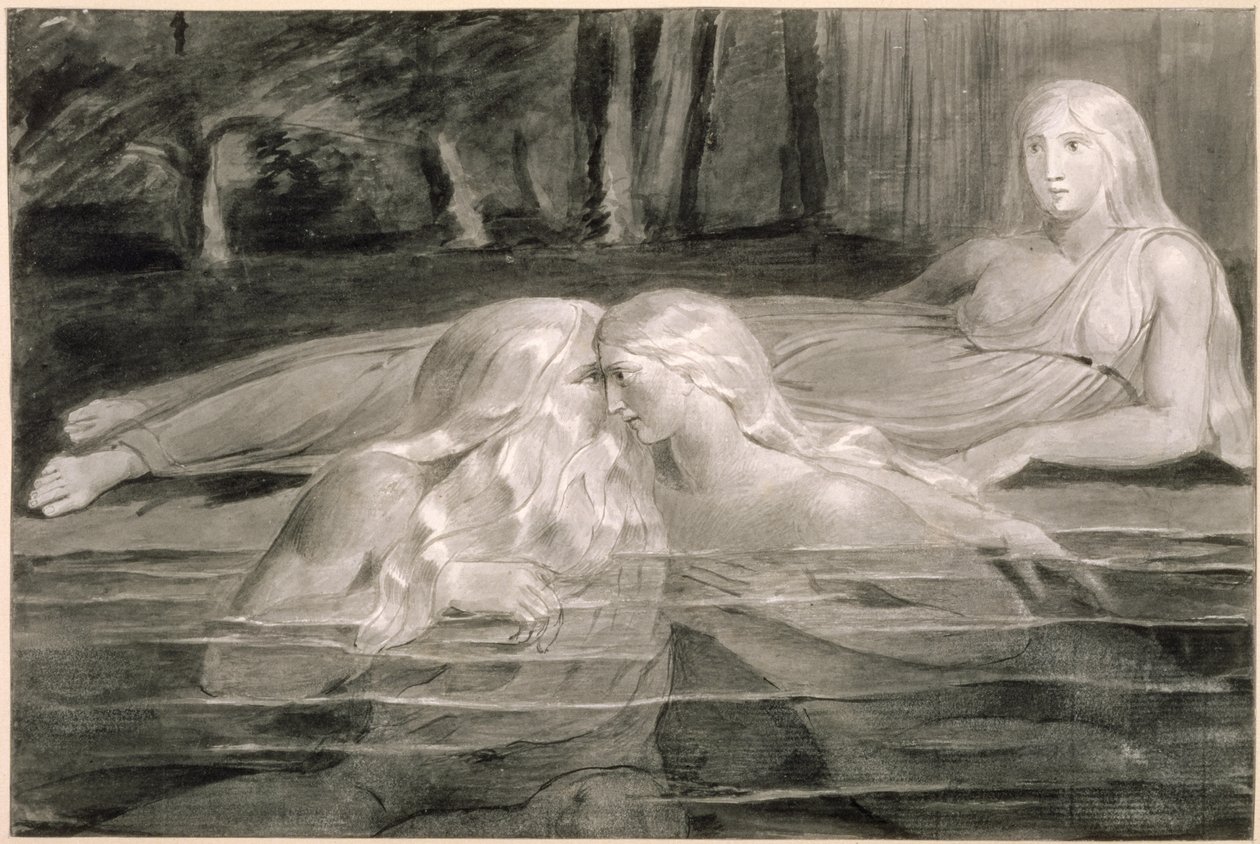 Har e Heva tomando banho, Mnetha olhando, c.1785-89 (escova, tinta e papel) de William Blake