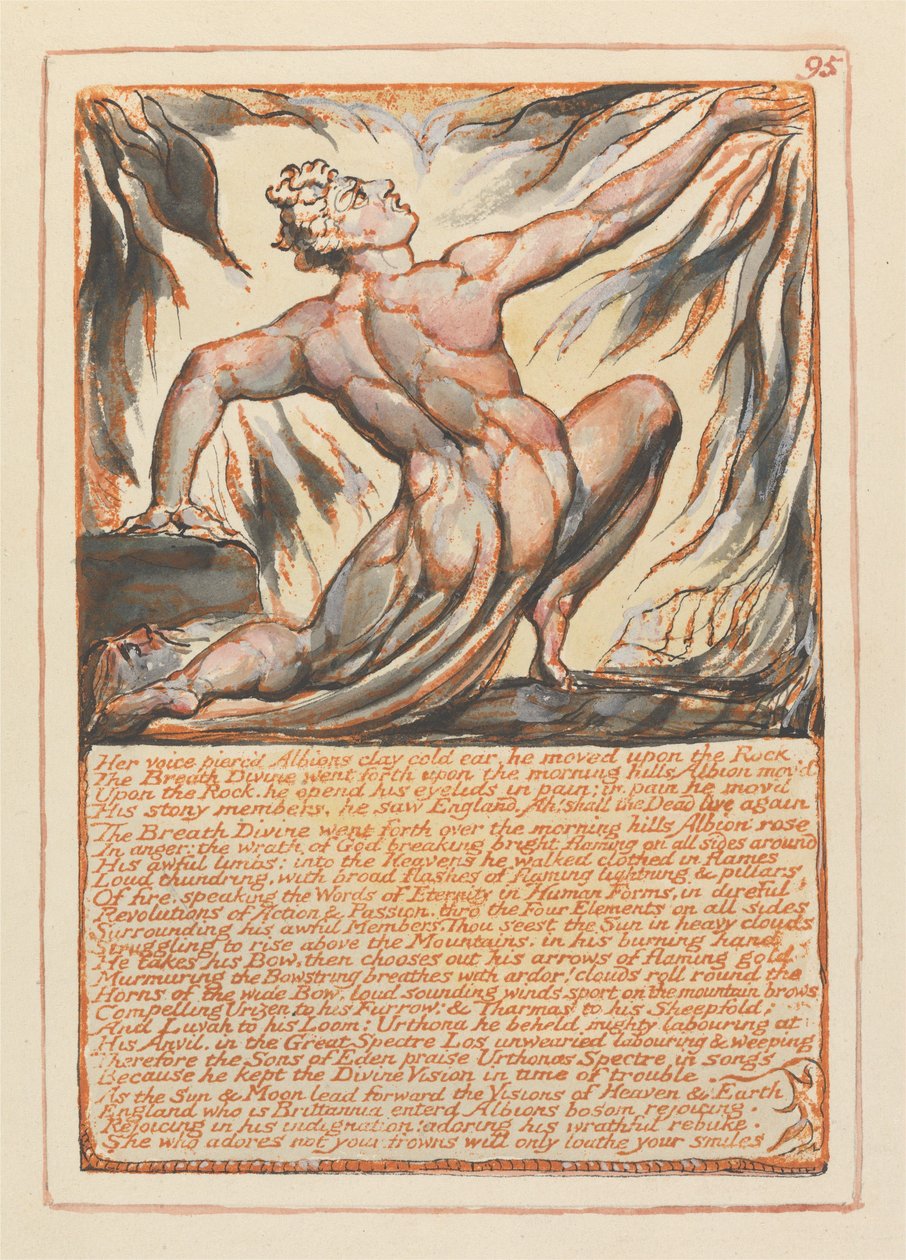 «A sua voz trespassou o frio ouvido de barro de Albion...» (Prancha 95) de William Blake