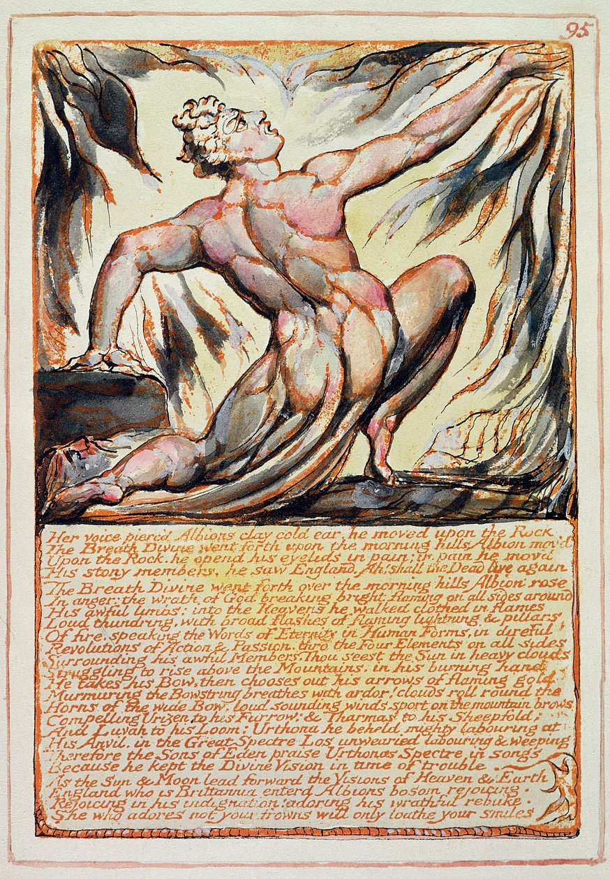 &39;Sua voz perfurada Albions argila orelha fria ...&39;, placa 95 de &39;Jerusalém&39; c.1810 (gravura com caneta e wc) de William Blake