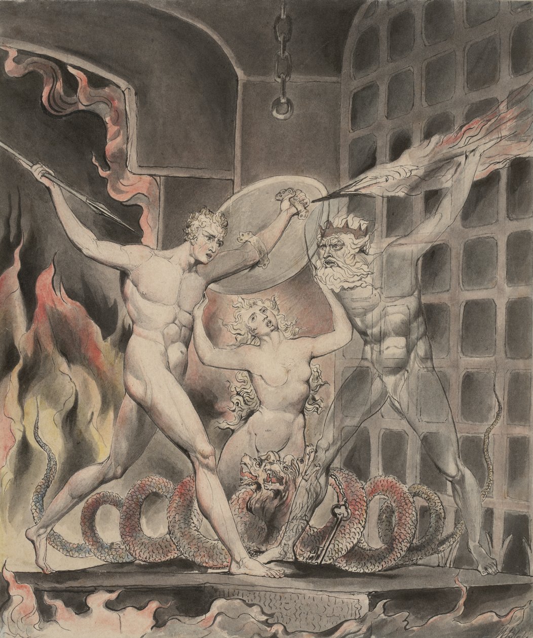 Ilustração 2 de "Paradise Lost" de Milton: Satanás, pecado e morte: Satanás chega aos portões do inferno, 1807 de William Blake