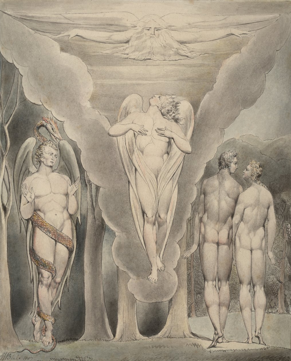 Ilustração 4 do Paraíso Perdido de Milton: Satanás Espionando Adão e Eva e Descida de Rafael no Paraíso, 1807 de William Blake
