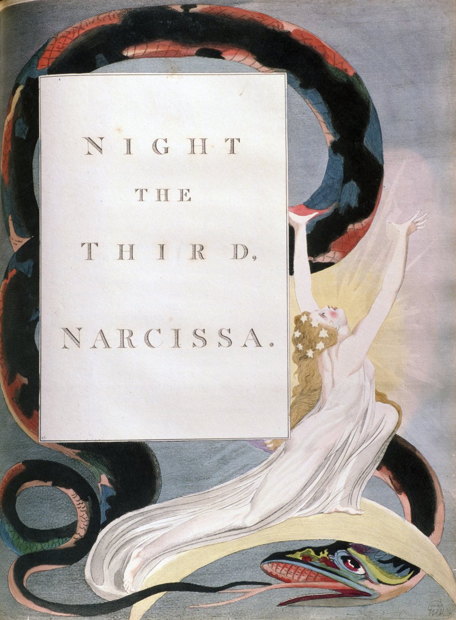 Ilustração de William Blake (1757-1827), poeta, pintor e gravurista inglês, para o poema Pensamentos noturnos de Edward Young (1681-1765), publicado entre 1742 e 1745. Noite III, Narcissa. Dedicado a Margaret Bentinck. de William Blake